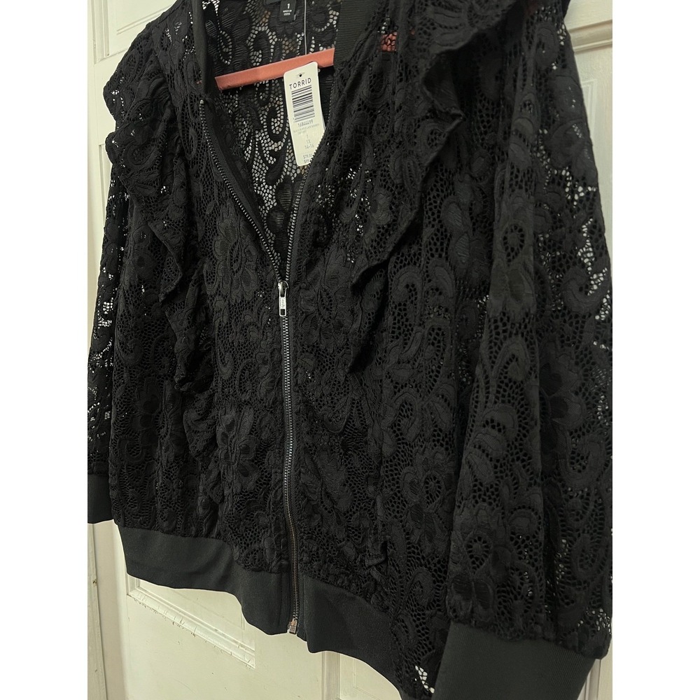 Torrid NWT Lace Ruffle Cropped Bomber Jacket Size 1X Romantic Black Sheer Zip Up - Picture 4 of 6